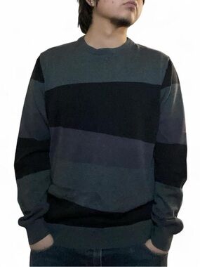 Striped Crewneck Sweater - Black & Grey Colorblock Knit -‎ Men's XL
